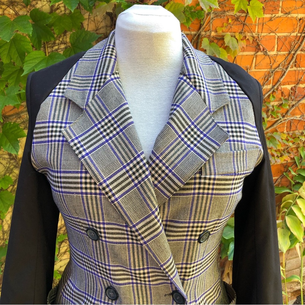Small/Medium 5/6 Lace Up Fine Wool Jacket Upcycled Plaid Double Breasted Coat - Picture 4 of 8